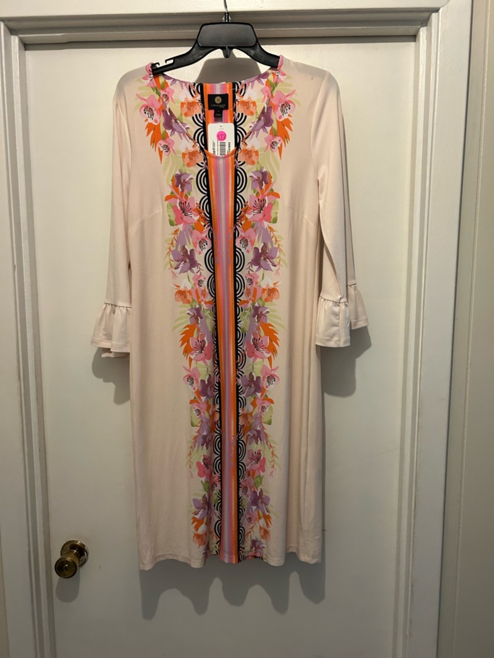 JM Collection Cream Midi Dress with Pink, Orange & Purple Floral Panel